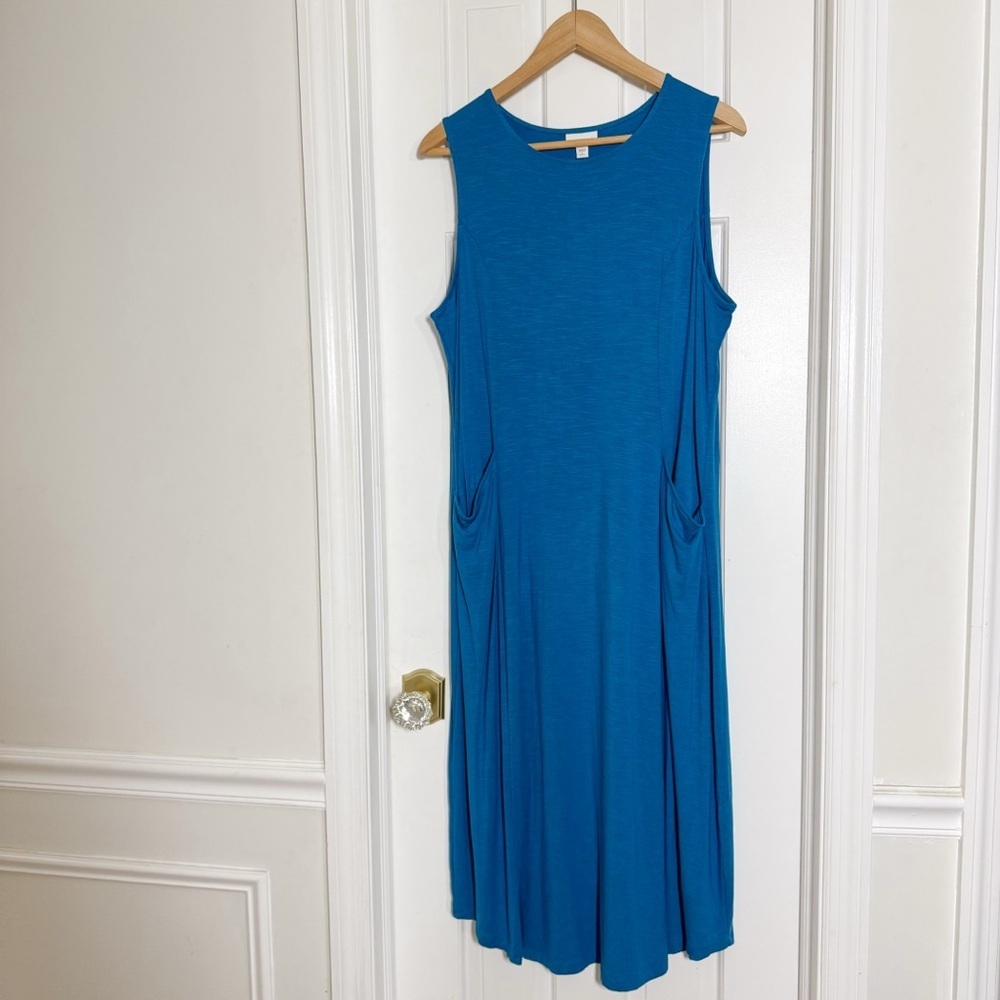 J Jill Tahiti Tea Blue Teal Turquoise A Line Midi Dress Sz LP Petite NWT Pockets